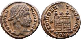 Constantine I The Great (306 - 337 AD). Follis. Obv.: Laureate head of Constantine right. Rev.: PROVIDENTIA AVGG, Camp gate

Artificial sand patina...