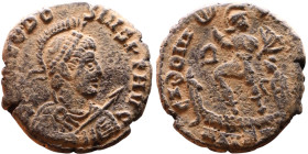 Theodosius I (379-395) Follis. Obv: DN THEODOSIVS PF AVG, Diademed, helmeted, draped, and cuirassed bust right, holding spear and shield. Rev.: GLORIA...