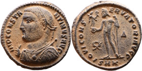 Constantinus I (306-337) follis. Obv: Cuirassed bust of emperor Rev: Jupiter standing left, chlamys across left shoulder, leaning on scepter with eagl...