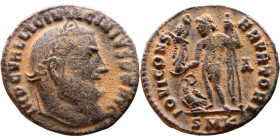 Licinius I (308-324 AD) follis. Obv: Cuirassed bust of Licinius Rev: Jupiter standing left, chlamys across left shoulder, leaning on scepter with eagl...