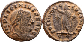 Licinius I (308-324 AD) Follis. Obv: Laureate bust of Emperor Rev: SOLI INVICTO COMITI. Sol standing left holding globe

Artificial sand patina

1...