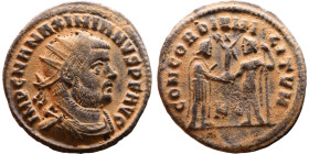 Maximianus. (286-305 ). Æ Antoninian. Obv: Radiate cuirassed bust of Maximianus right. Rev: CONCORDIA MILITVM. Jupiter standing left presents Victory ...