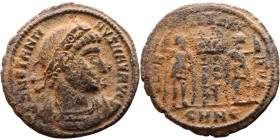 Constantinus I (306-337) Follis. Obverse: CONSTANTI-NVS MAX AVG, diademed, draped, cuirassed bust right. Reverse: GLORIA EXERCITVS, two Soldiers stand...
