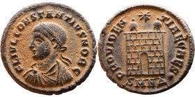 Constantius II (Caesar: 324-337) Follis. Obverse: Laureate, draped, cuirassed bust Reverse: Campgate

Artificial sand patina

18mm 3.64g