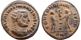 Maximianus. (286-305 ). Æ Antoninian. Obv: Radiate cuirassed bust of Maximianus right. Rev: CONCORDIA MILITVM. Jupiter standing left presents Victory ...