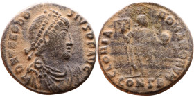 Theodosius I (379-395) Follis. Obv: DN THEODOSIVS PF AVG, Pearl-diademed, draped, cuirassed bust right Rev.: GLORIA ROMANORVM, emperor standing front,...