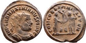 Maximianus. (286-305 ). Æ Antoninian. Obv: Radiate cuirassed bust of Maximianus right. Rev: CONCORDIA MILITVM. Jupiter standing left presents Victory ...