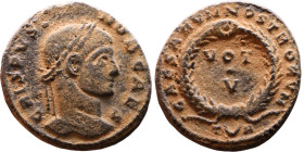 Crispus (317-326) follis. Obv: Cuirassed bust of emperor Rev: VOT V

Artificial sand patina

18mm 2.68g