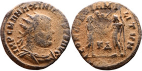 Maximianus. (286-305 ). Æ Antoninian. Obv: Radiate cuirassed bust of Maximianus right. Rev: CONCORDIA MILITVM. Jupiter standing left presents Victory ...