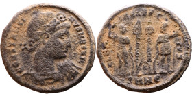 Constantinus I (306-337) Follis. Obverse: CONSTANTI-NVS MAX AVG, diademed, draped, cuirassed bust right. Reverse: GLORIA EXERCITVS, two Soldiers stand...