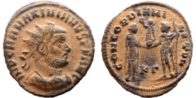 Maximianus. (286-305 ). Æ Antoninian. Obv: Radiate cuirassed bust of Maximianus right. Rev: CONCORDIA MILITVM. Jupiter standing left presents Victory ...