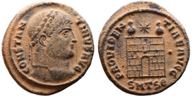 Constantine I The Great (306 - 337 AD). Follis. Obv.: Laureate head of Constantine right. Rev.: PROVIDENTIA AVGG, Camp gate

Artificial sand patina...