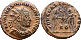 Maximianus. (286-305 ). Æ Antoninian. Obv: Radiate cuirassed bust of Maximianus right. Rev: CONCORDIA MILITVM. Jupiter standing left presents Victory ...