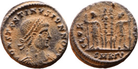 Constantinus II (Caesar:317-337) Follis. Obverse: CONSTANTINVS IVN NOB C, Laureate, draped, cuirassed bust right. Reverse: GLORIA EXERCITVS, two Soldi...