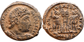 Constantinus I (306-337) Follis. Obverse: CONSTANTI-NVS MAX AVG, diademed, draped, cuirassed bust right. Reverse: GLORIA EXERCITVS, two Soldiers stand...