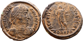 Valentinian I (364-375) Follis.Obverse: D N VALENTINIA NVS IVN P F AVG - Pearl-diademed, draped, cuirassed bust right Reverse: Standing emperor

Art...