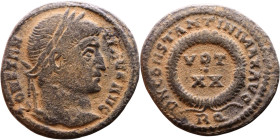 Constantinus I (306-337) follis. Obv: Cuirassed bust of emperor Rev: VOT XX

Artificial sand patina

19mm 2.66g