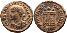 Constantinus II (Caesar:317-337) Follis. Obverse: Laureate, draped, cuirassed bust Reverse: Campgate

Artificial sand patina

18mm 3.19g