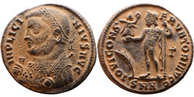 Licinius I (308-324 AD) follis. Obv: Cuirassed bust of Licinius Rev: Jupiter standing left, chlamys across left shoulder, leaning on scepter with eagl...