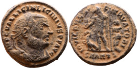 Licinius I (308-324 AD) follis. Obv: Cuirassed bust of Licinius Rev: Jupiter standing left, chlamys across left shoulder, leaning on scepter with eagl...