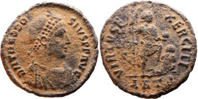 Theodosius I (379-395) Follis. Obv: DN THEODOSIVS PF AVG, Pearl-diademed, draped, cuirassed bust right Rev: VIRTVS EXERCITI, emperor standing right, h...