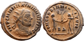 Maximianus. (286-305 ). Æ Antoninian. Obv: Radiate cuirassed bust of Maximianus right. Rev: CONCORDIA MILITVM. Jupiter standing left presents Victory ...