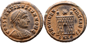 Constantinus II (Caesar:317-337) Follis. Obverse: Laureate, draped, cuirassed bust Reverse: Campgate

Artificial sand patina

19mm 2.00g