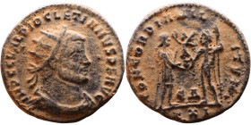 Diocletian (284-294 AD). Antoninianus. Obverse: Bust of Emperor, radiate, draped, right. Reverse: Jupiter standing right holding sceptre and orb facin...