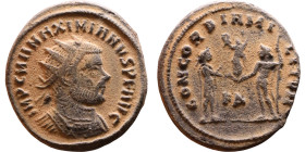Maximianus. (286-305 ). Æ Antoninian. Obv: Radiate cuirassed bust of Maximianus right. Rev: CONCORDIA MILITVM. Jupiter standing left presents Victory ...