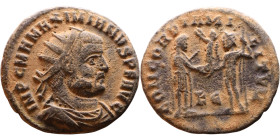 Maximianus. (286-305 ). Æ Antoninian. Obv: Radiate cuirassed bust of Maximianus right. Rev: CONCORDIA MILITVM. Jupiter standing left presents Victory ...