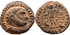 Licinius I (308-324 AD) follis. Obv: Cuirassed bust of Licinius Rev: Jupiter standing left, chlamys across left shoulder, leaning on scepter with eagl...