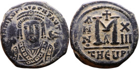 Maurice Tiberius (582-602) Follis Obverse: Crowned bust facing, wearing consular robes, holding mappa and eagle-tipped scepter , Reverse: Large M cros...