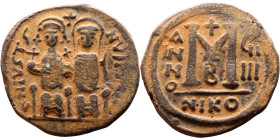 Justin II and Sophia (565-578) Follis Obverse: DN IVSTINVS PP AVG Justin and Sophia on thrones Reverse: Large M between ANNO and regnal year, above cr...