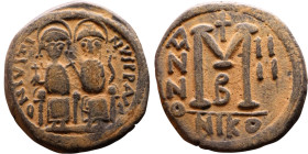 Justin II and Sophia (565-578) Follis Obverse: DN IVSTINVS PP AVG Justin and Sophia on thrones Reverse: Large M between ANNO and regnal year, above cr...