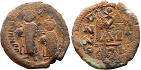 Heraclius and Hercalius Constantine (610-641) Follis. Obverse: Heraclius on left, Heraclius Constaninte on right, . Reverse: ANNO, Large M, cross abov...