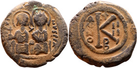 Justin II and Sophia (565-578) Follis Obverse: DN IVSTINVS PP AVG Justin and Sophia on thrones Reverse: Large M between ANNO and regnal year, above cr...