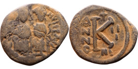 Justin II and Sophia (565-578) Hallf Follis Obverse: DN IVSTINVS PP AVG Justin and Sophia on thrones Reverse: Large K, Mintmark

Artificial sand pat...