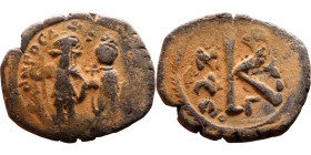 Heraclius and Hercalius Constantine (610-641) Half Follis. Obverse: Heraclius on left, Heraclius Constaninte on right, . Reverse: Large K, cross above...