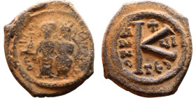 Justin II and Sophia (565-578) Hallf Follis Obverse: DN IVSTINVS PP AVG Justin and Sophia on thrones Reverse: Large K, Mintmark

Artificial sand pat...