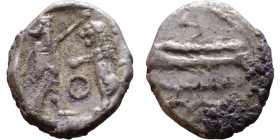 PHOENICIA: Sidon (4th century) Ar Obol Obverse: Galley l.; legend in Phoenician, Reverse. Persian king battling lion

9mm 0.89g