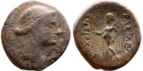 Antiochus III The Great (Seleukid King: 223-187 BC). AE bronze. Obv.: Head of Apollo Rev: Nike standing left holding wreath

18mm 6.80g