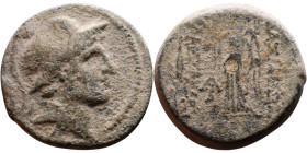 Aleksander I Balas (Seleukid King: 150 BC-145 BC) Bronze Obv: Head of Alexander I right in crested Boeotian helmet Rev: Nike standing left holding wre...
