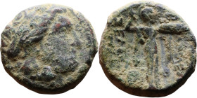 Seleukos I Nikator (Seleukid King: 312-260 BC). AE bronze. Obv.: Laureate head of Apollo right, with wavy locks Rev: Athena Promachos standing right, ...