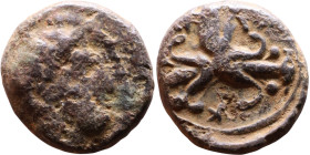 Greek Bronze coin. (IV-I century BC)

Artificial sand patina

14mm 4.04g