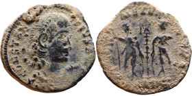 Constantius II (337-361) Follis. Obverse: Draped, cuirassed bust right. Reverse: GLORIA EXERCITVS, two Soldiers standing front, heads turned inward at...