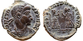 Constans (337 - 350) Follis. Obverse: Draped, cuirassed bust right. Reverse: GLORIA EXERCITVS, two Soldiers standing front, heads turned inward at two...