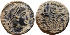 Constantius II (337-361) Follis. Obverse: Draped, cuirassed bust right. Reverse: GLORIA EXERCITVS, two Soldiers standing front, heads turned inward at...