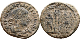Constantius II (Caesar: 324-337) Follis. Obverse: Laureate, draped, cuirassed bust right. Reverse: GLORIA EXERCITVS, two Soldiers standing front, head...