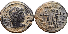 Constantinus I (306-337) Follis. Obverse: CONSTANTI-NVS MAX AVG, diademed, draped, cuirassed bust right. Reverse: GLORIA EXERCITVS, two Soldiers stand...