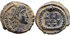 Constantius II (337-361 AD). AE follis. Obv.: DN CONSTANTIVS PF AVG, pearl diademed bust right. Rev.: VOT XX MVLT XXX in wreath

15mm 1.59g